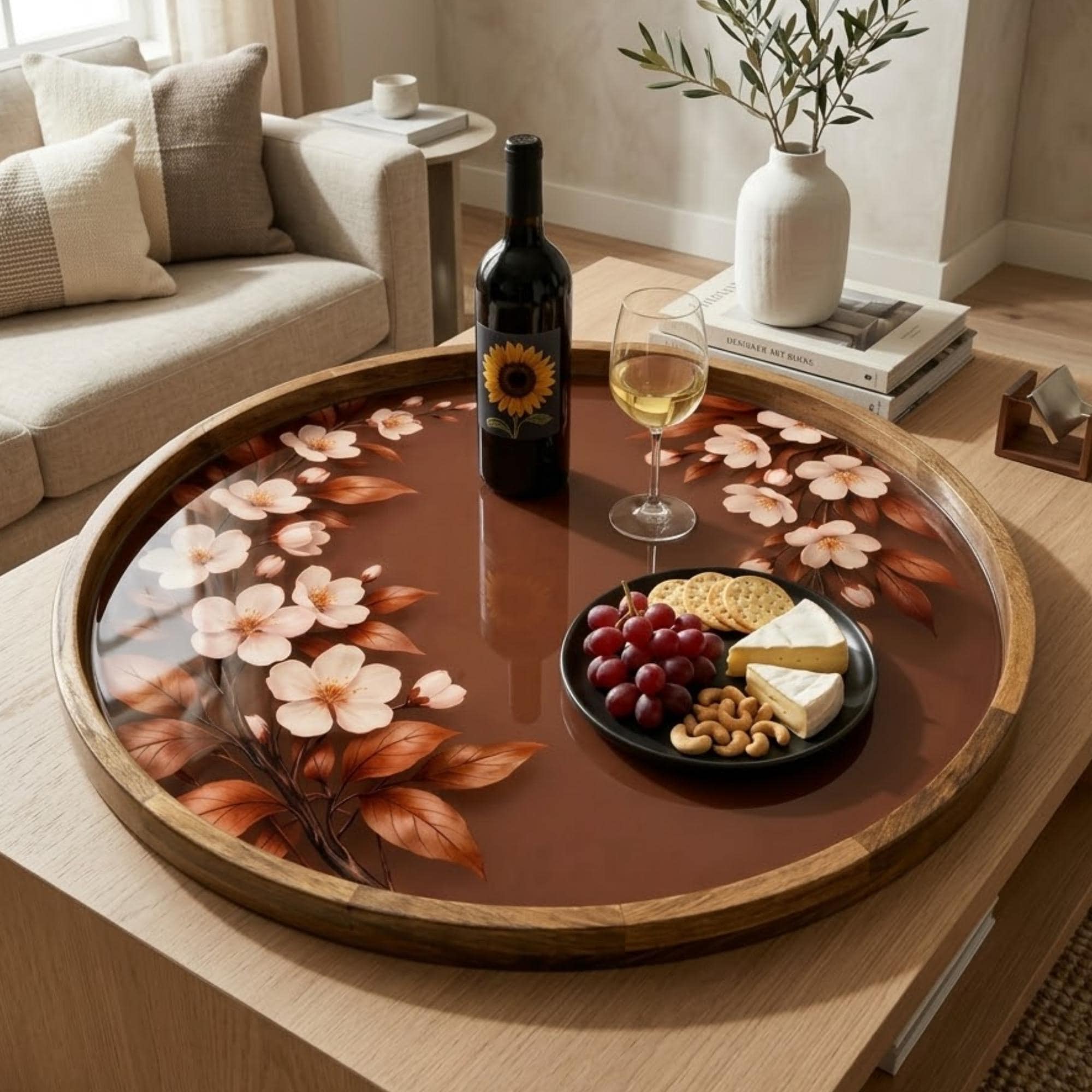 Floral Wooden Tray | Mango Wood Printed Coffee Table Decor | Brown Flower Tea Platter