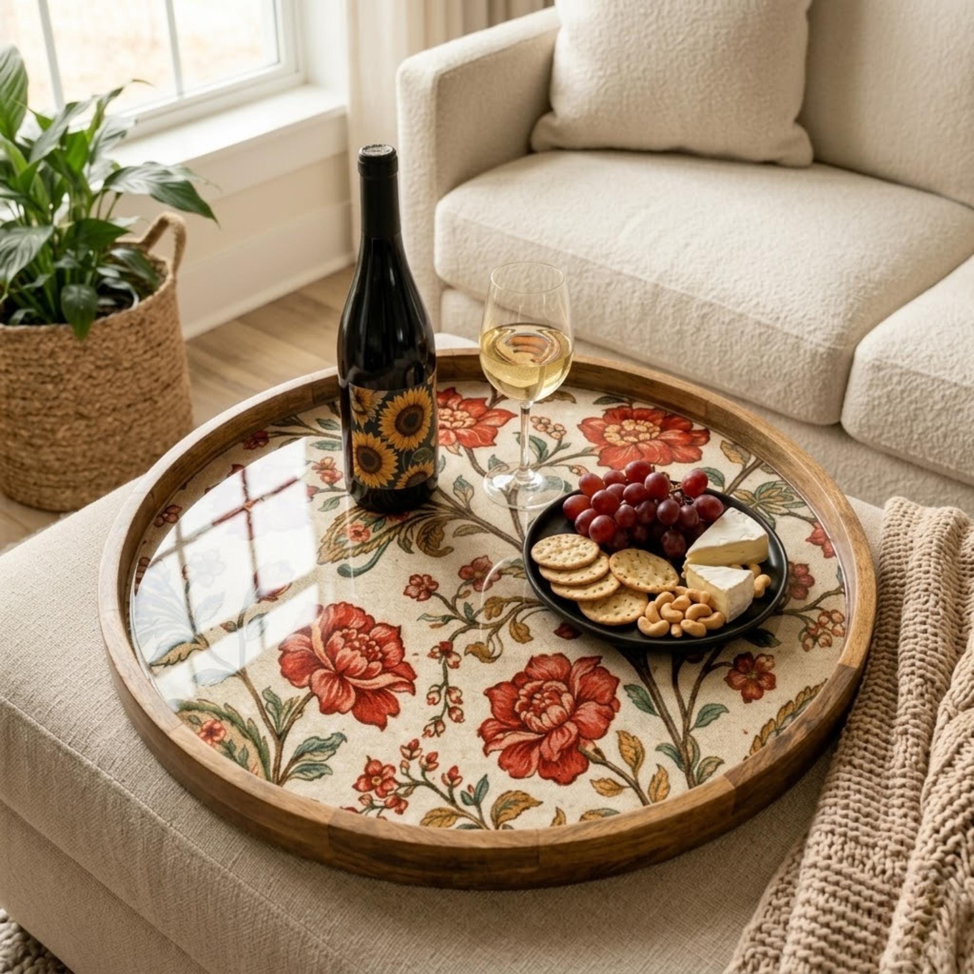 Vintage Floral Wooden Tray | Mango Wood Printed Coffee Table Decor | Tea Platter