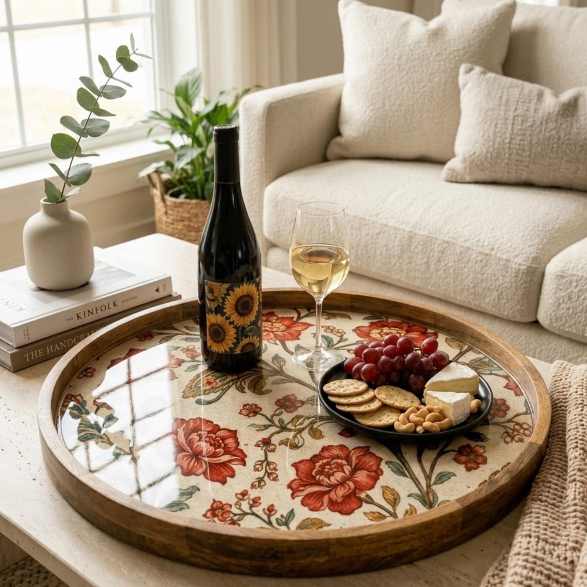 Vintage Floral Wooden Tray | Mango Wood Printed Coffee Table Decor | Tea Platter