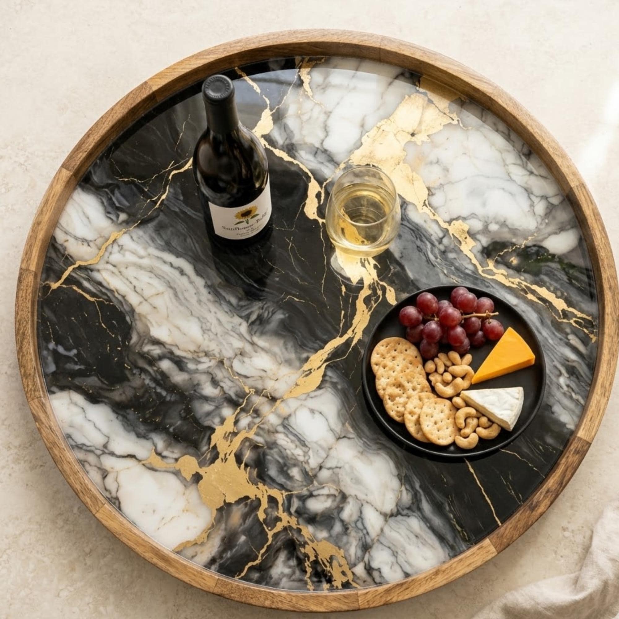 Marble Design Wooden Tray | Mango Wood Printed Coffee Table Decor | Modern Tea Platter