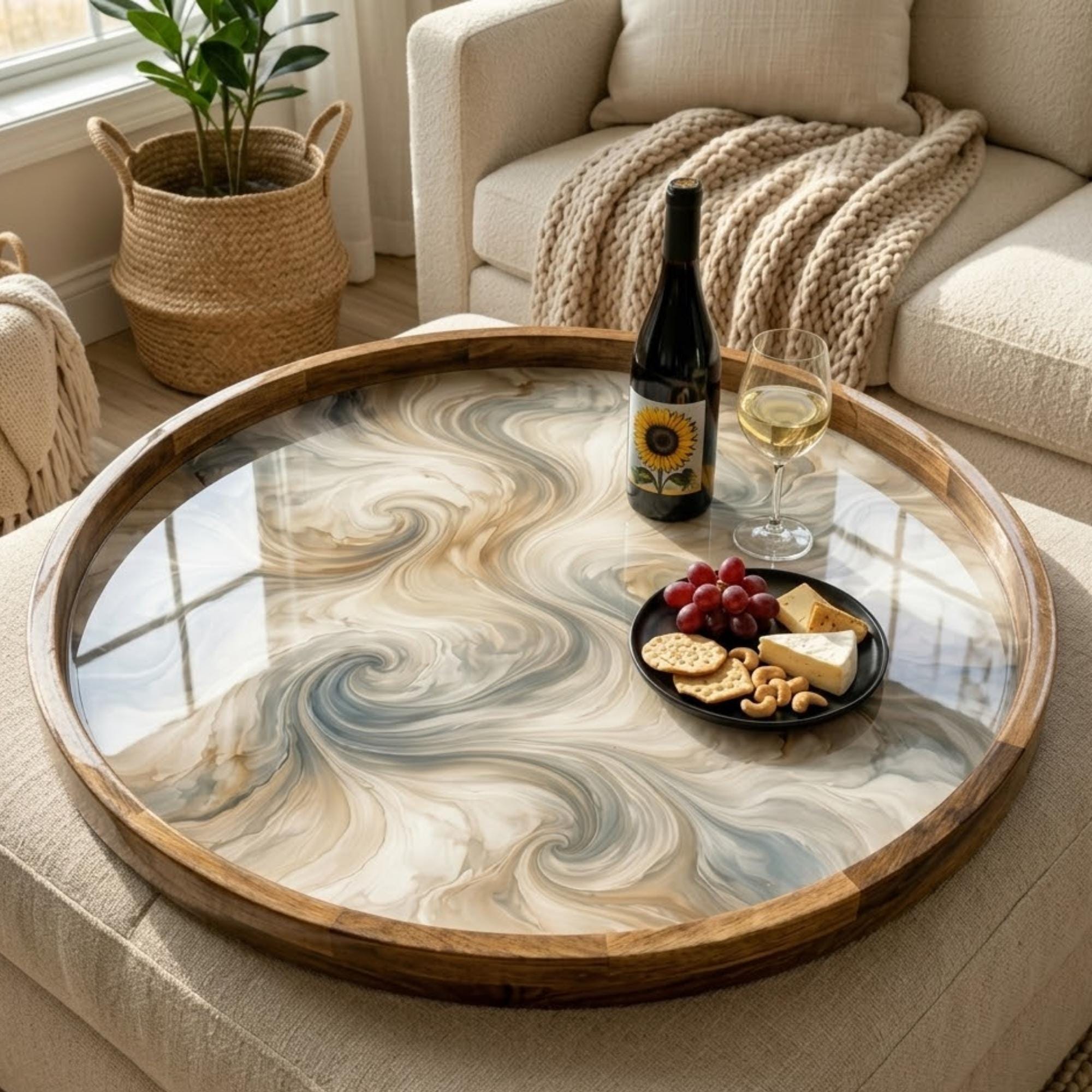 Round Mango Wood Serving Tray | Abstract Swirl Print Ottoman Decor