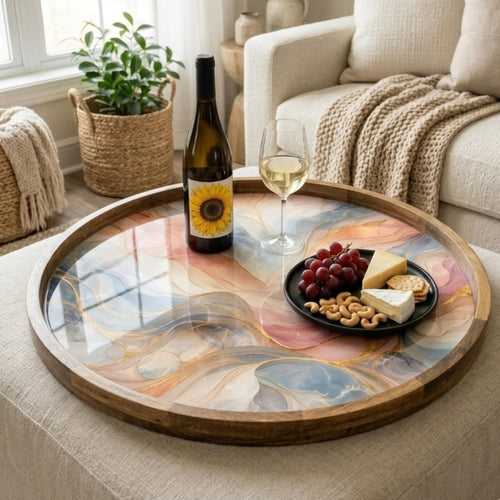 Abstract Marble Serving Tray | Pastel Swirl Mango Wood Coffee Table Tray