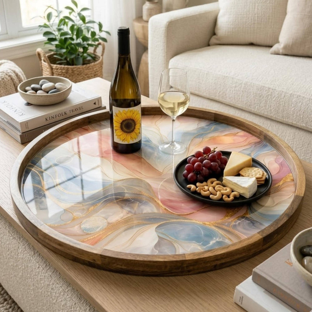 Abstract Marble Serving Tray | Pastel Swirl Mango Wood Coffee Table Tray