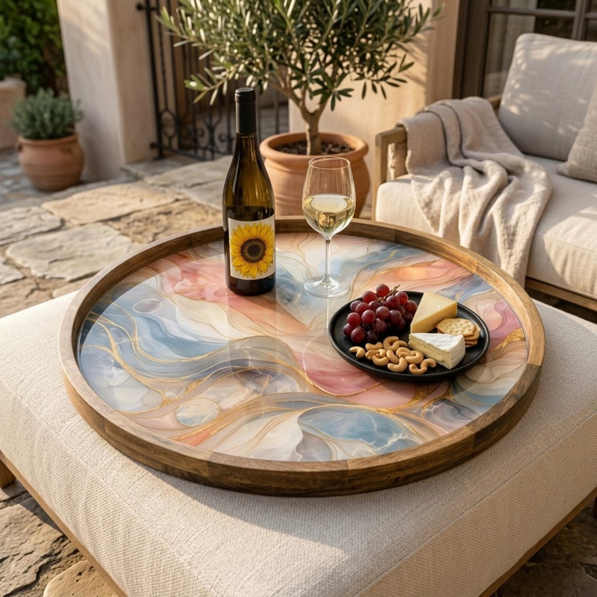 Abstract Marble Serving Tray | Pastel Swirl Mango Wood Coffee Table Tray