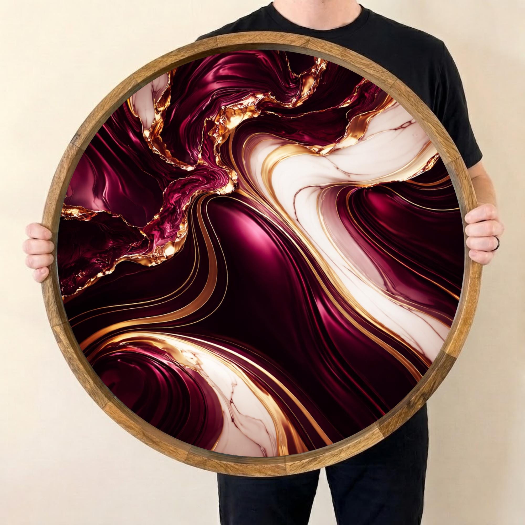 Purple Marble Mango Wood Serving Tray | Round Ottoman Coffee Table Decor