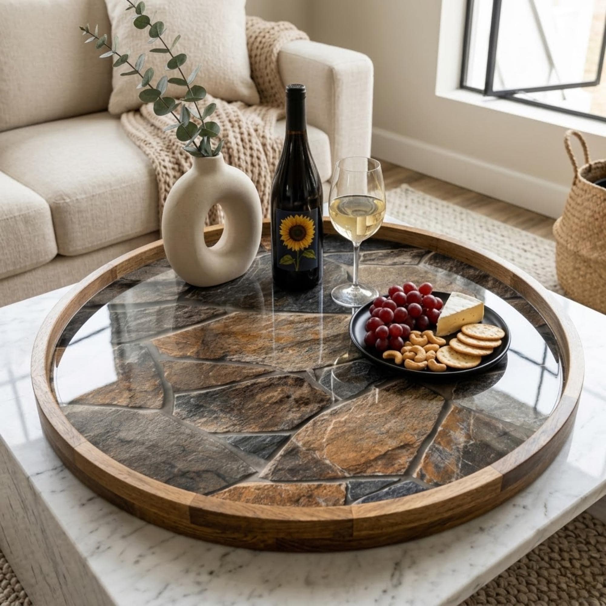 Handcrafted Mango Wood Serving Tray | Stone Marble Print, Ottoman Coffee Table Decor
