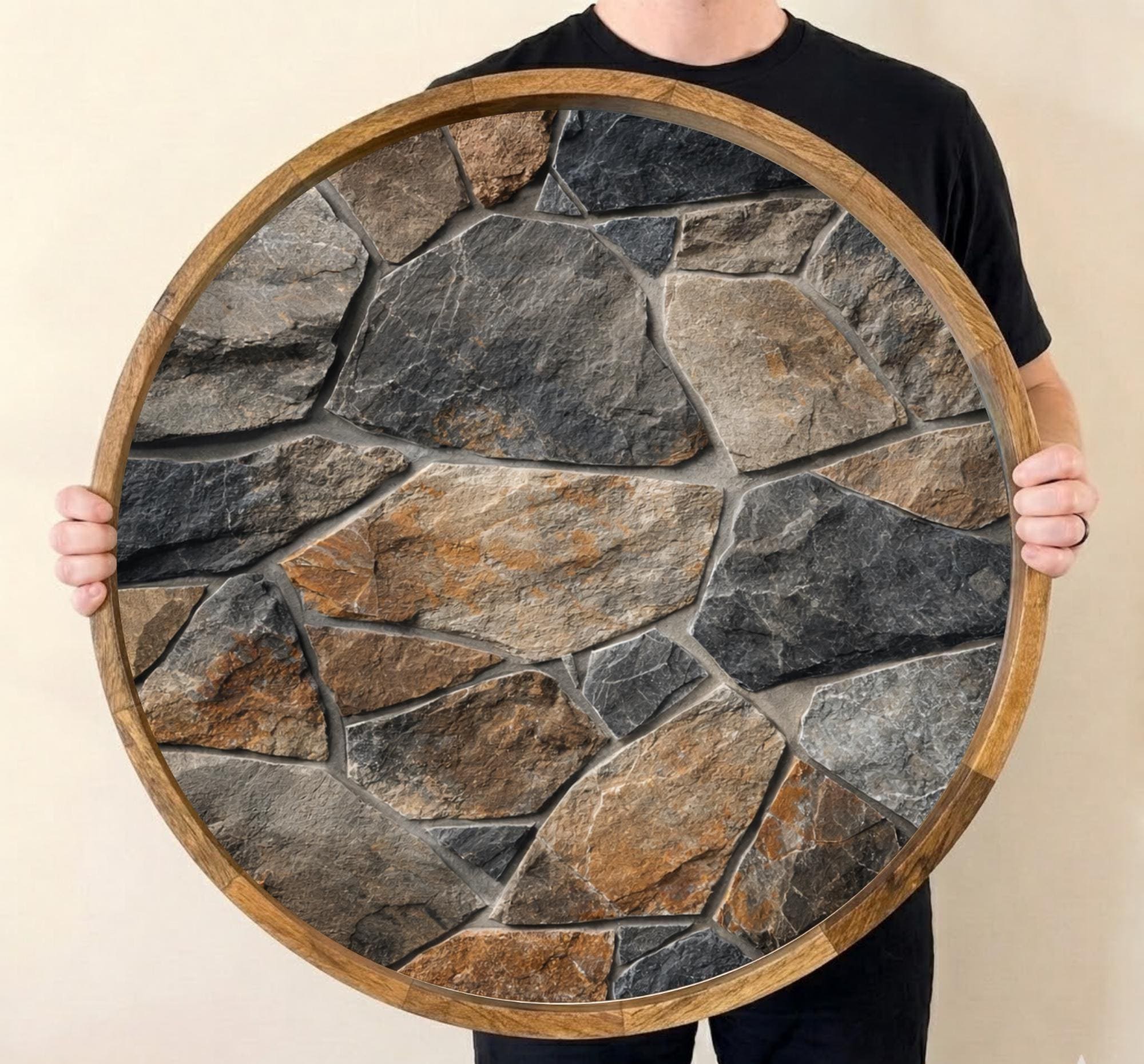 Handcrafted Mango Wood Serving Tray | Stone Marble Print, Ottoman Coffee Table Decor