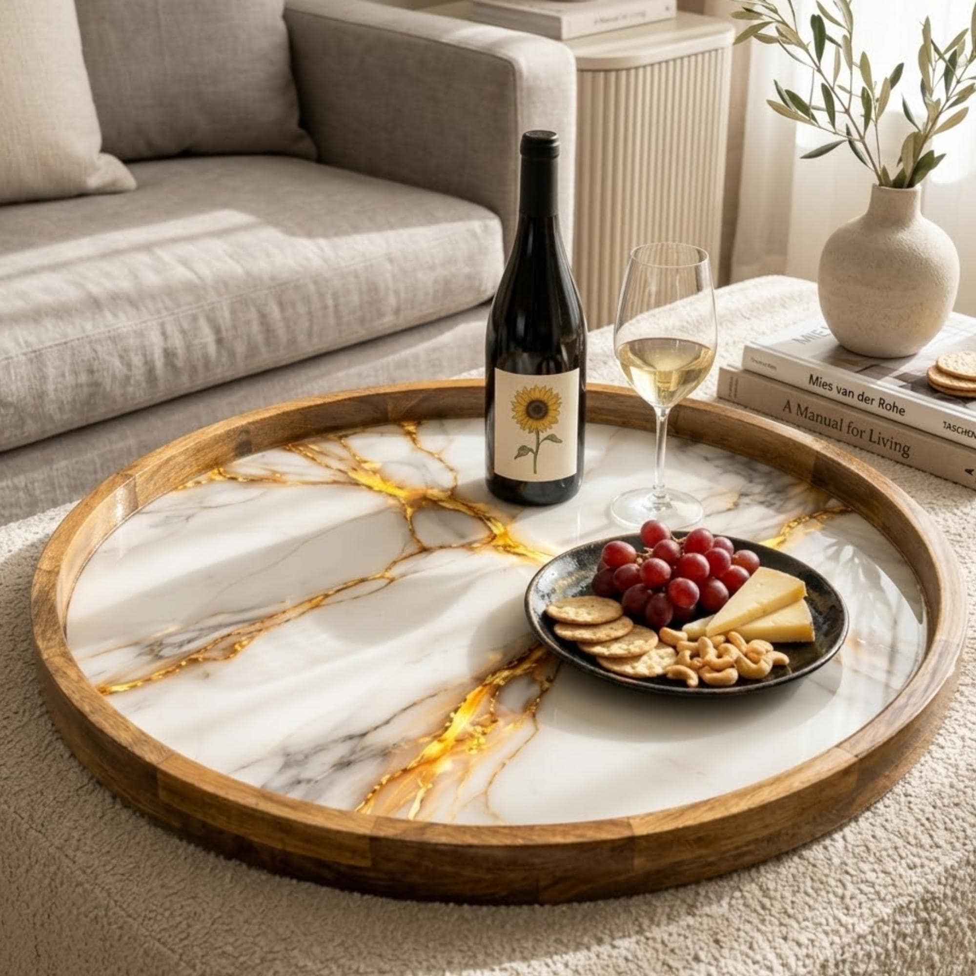 White Marble Print Mango Wood Round Tray | Ottoman Coffee Table Decor