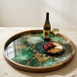 Emerald Marble Print Mango Wood Round Tray | Luxury Ottoman Coffee Table Decor