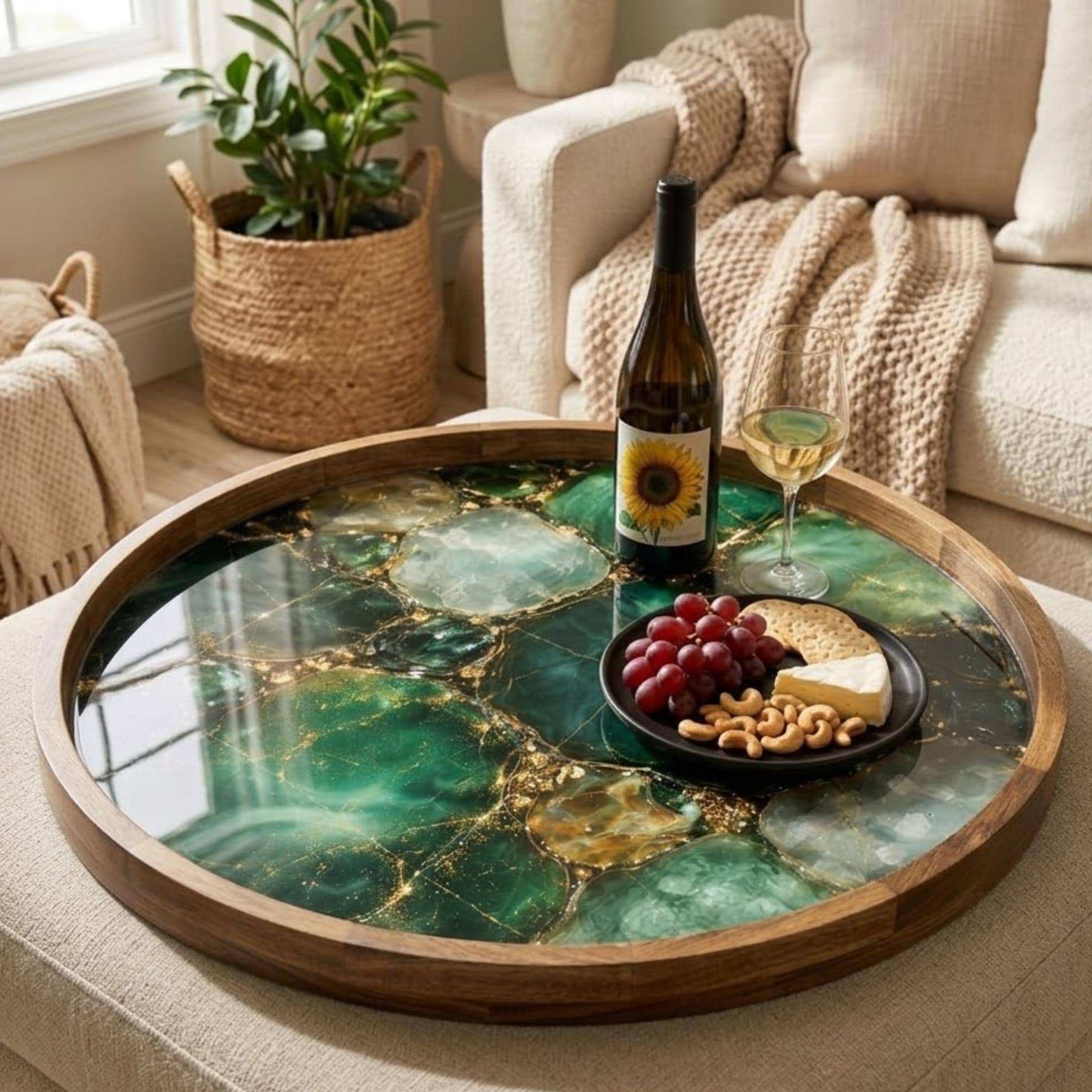 Emerald Marble Print Mango Wood Round Tray | Luxury Ottoman Coffee Table Decor