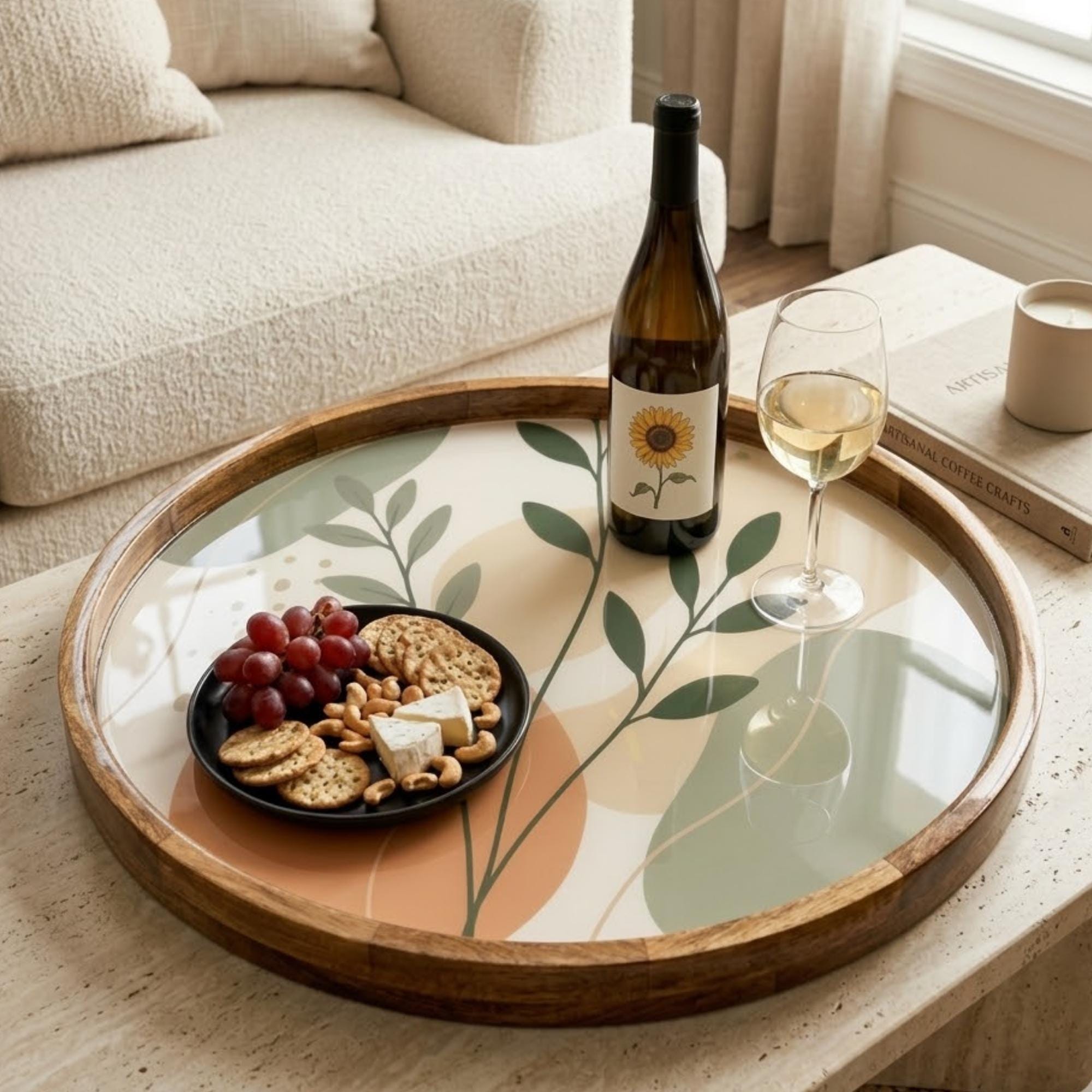 Botanical Mango Wood Serving Tray | Sage Green Leaf Print Ottoman Tray