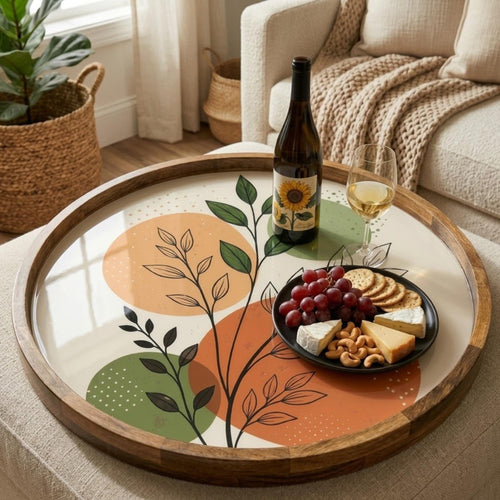 Abstract Botanical Mango Wood Serving Tray | Boho Ottoman Coffee Table Decor