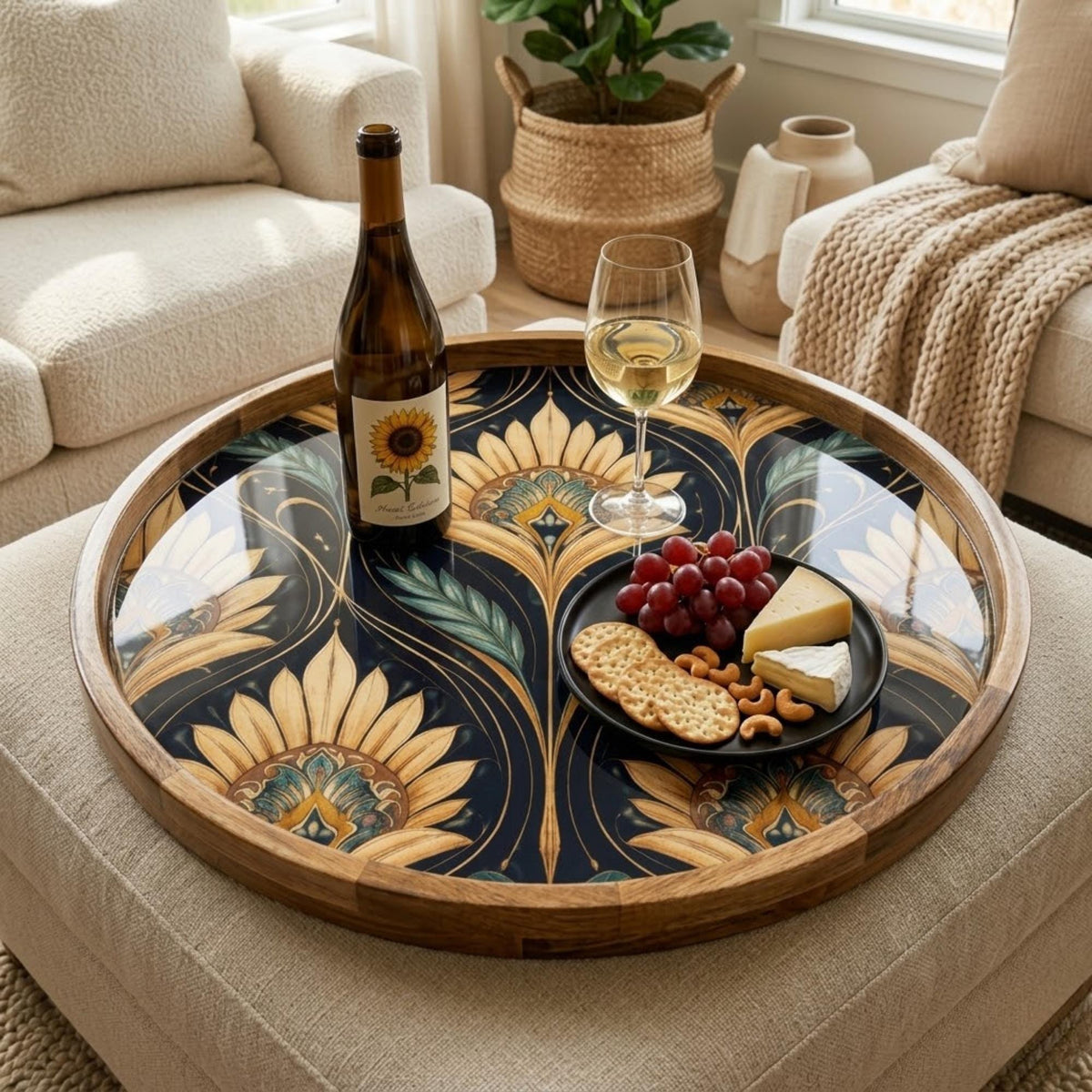 Sunflower Art Mango Wood Serving Tray | Round Ottoman Coffee Table Decor Platter
