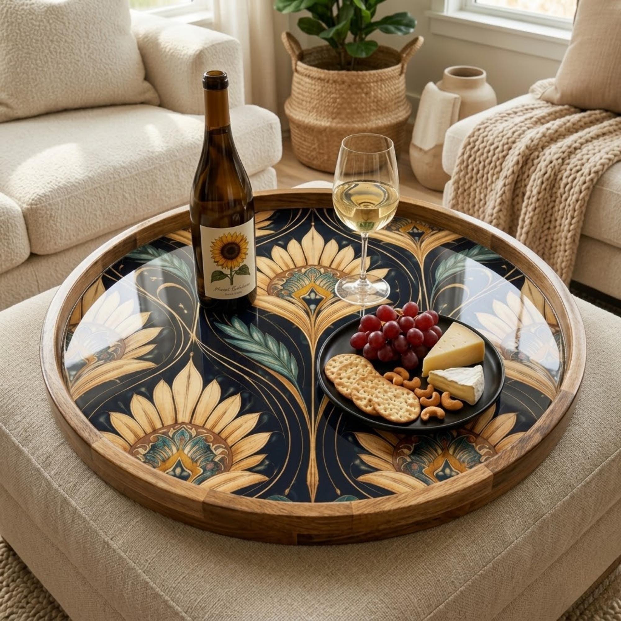 Sunflower Art Mango Wood Serving Tray | Round Ottoman Coffee Table Decor Platter