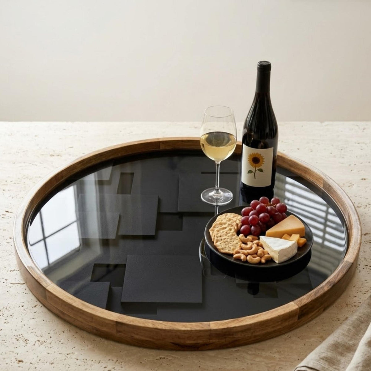 Black Mango Wood Serving Tray | Modern Minimalist Ottoman Coffee Table Decor