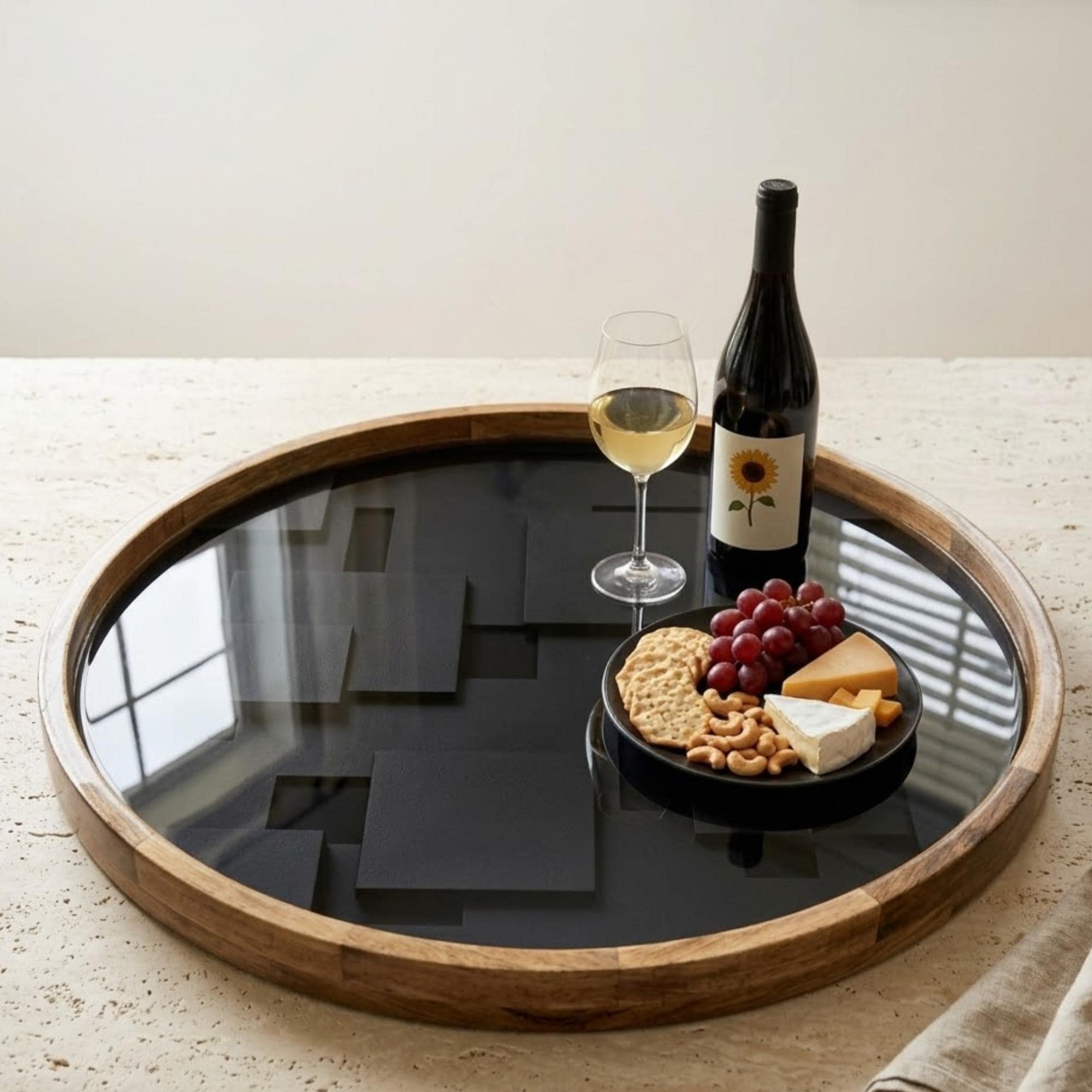 Black Mango Wood Serving Tray | Modern Minimalist Ottoman Coffee Table Decor