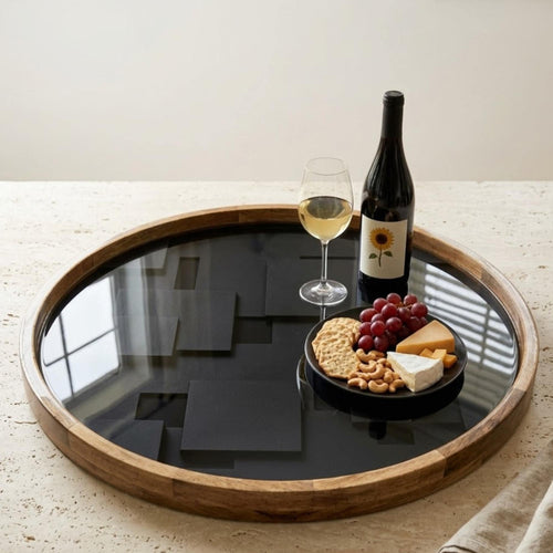Black Mango Wood Serving Tray | Modern Minimalist Ottoman Coffee Table Decor