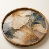 Abstract Beige Mango Wood Serving Tray | Round Ottoman Coffee Table Decor