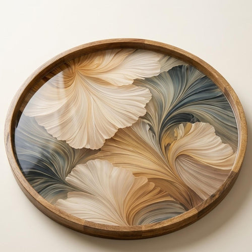 Abstract Beige Mango Wood Serving Tray | Round Ottoman Coffee Table Decor