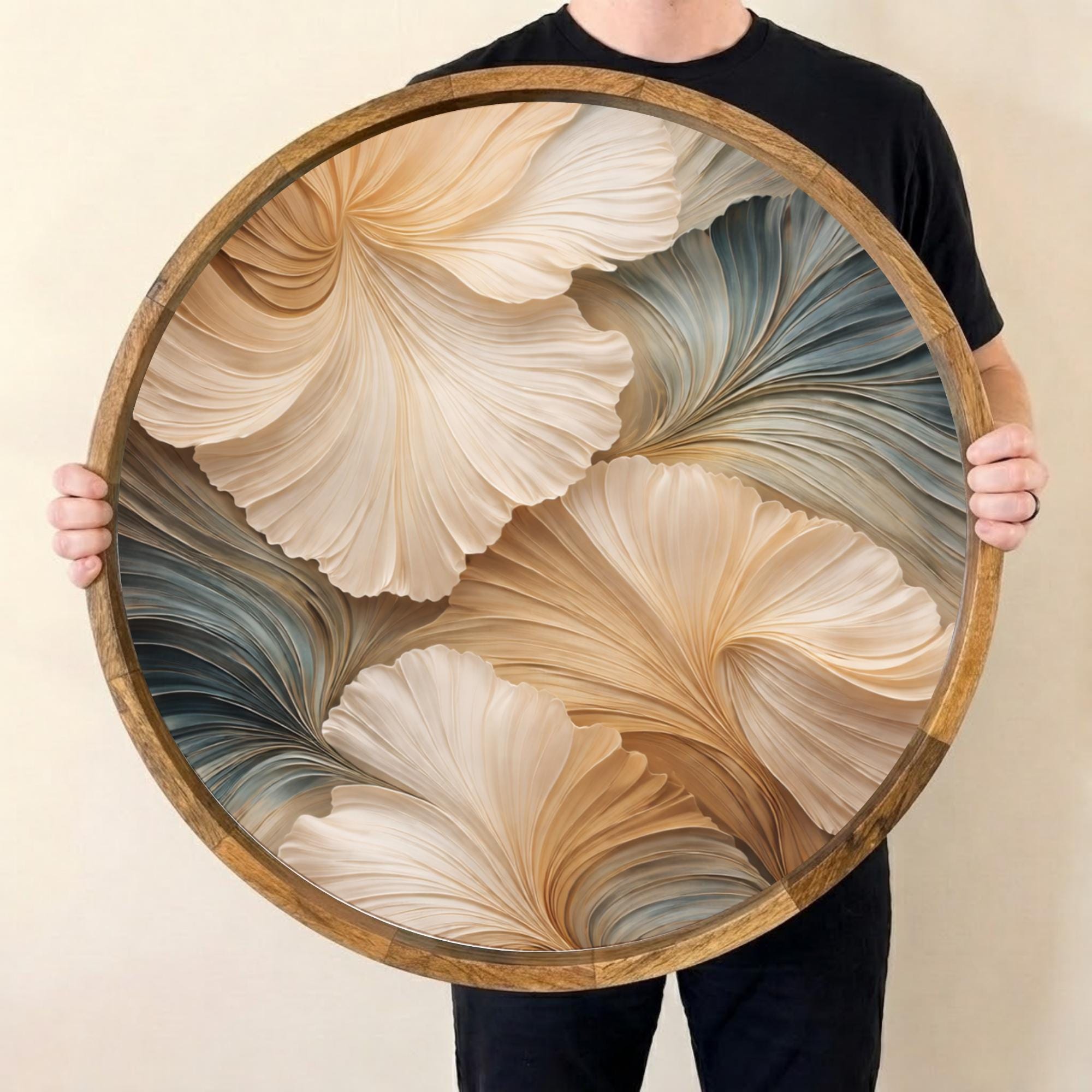 Abstract Beige Mango Wood Serving Tray | Round Ottoman Coffee Table Decor