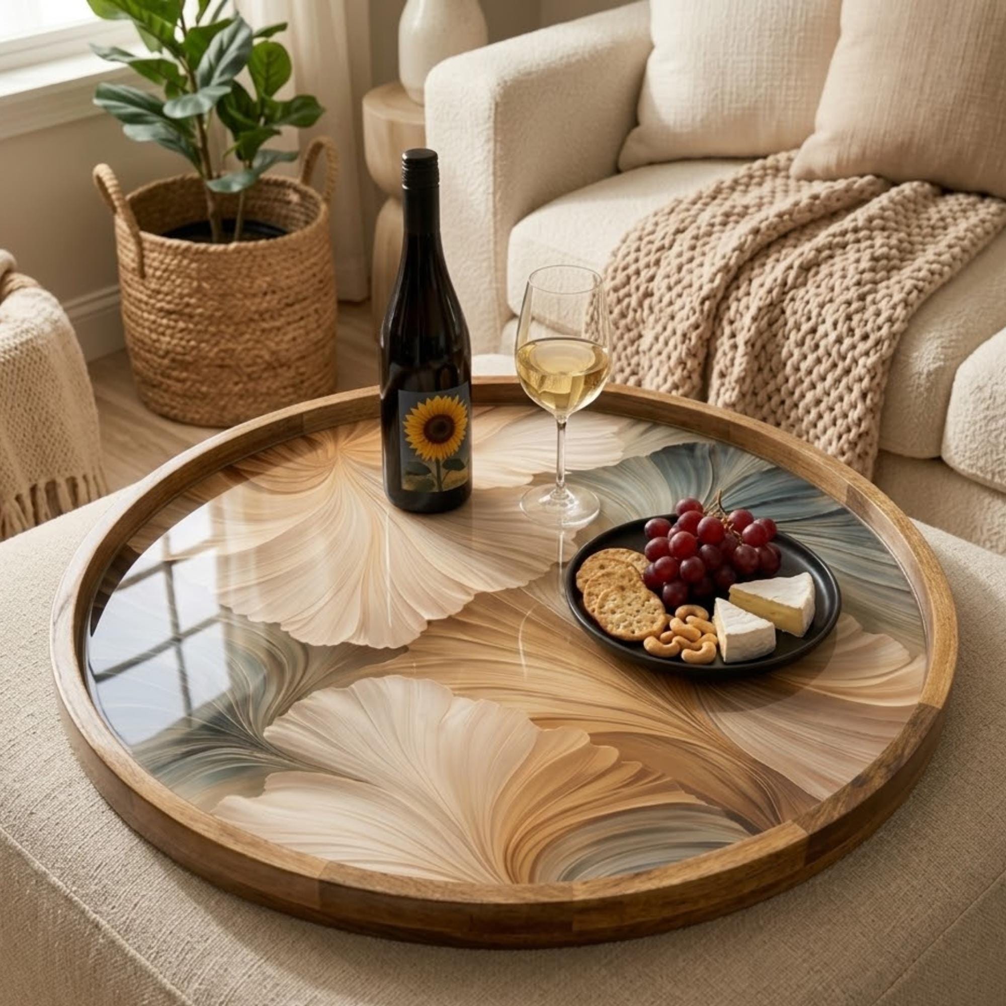 Abstract Beige Mango Wood Serving Tray | Round Ottoman Coffee Table Decor