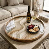 Abstract Wave Wooden Printed Platter | Round Mango Wood Tea Coffee Serving | Neutral Style