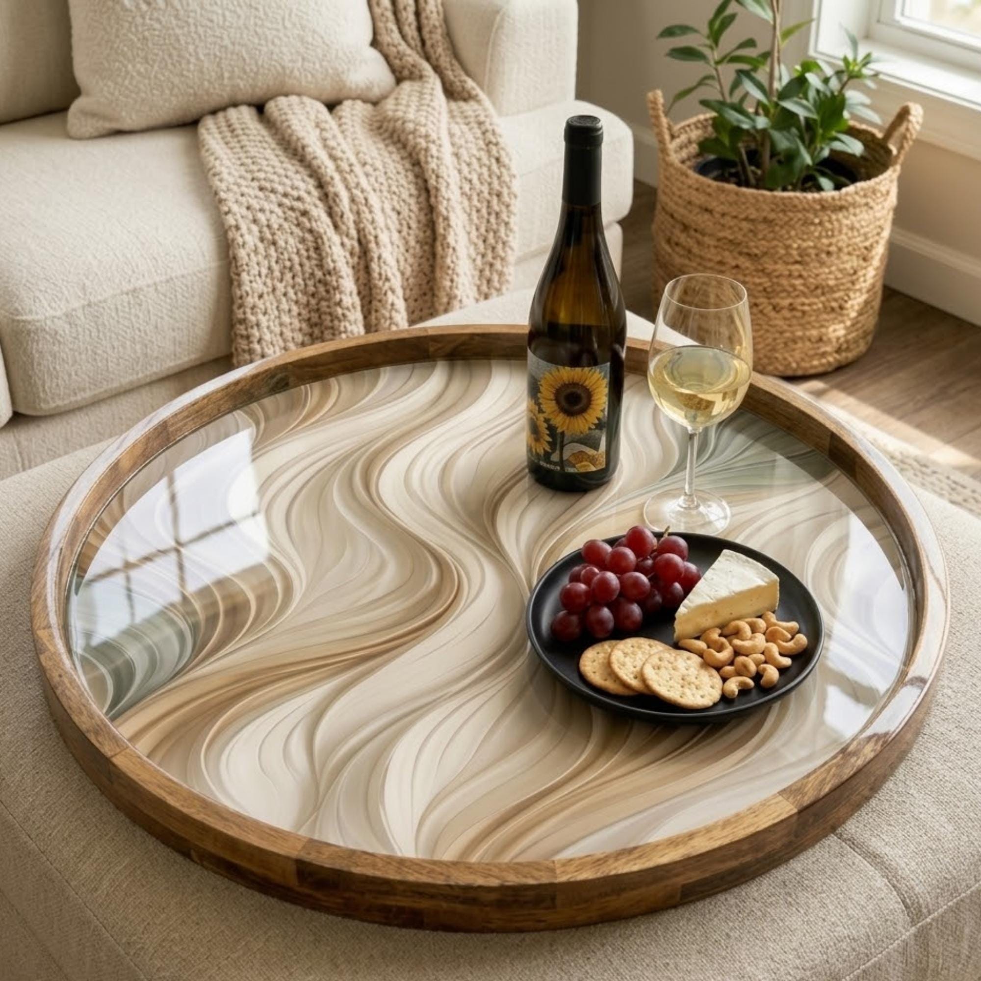 Abstract Wave Wooden Printed Platter | Round Mango Wood Tea Coffee Serving | Neutral Style