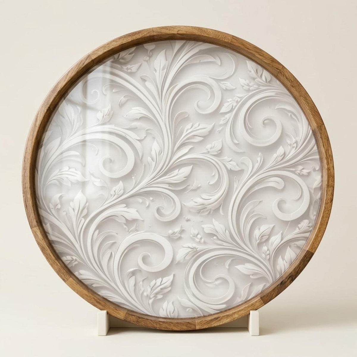 Abstract Beige Mango Wood Serving Tray | Round Ottoman Coffee Table Decor