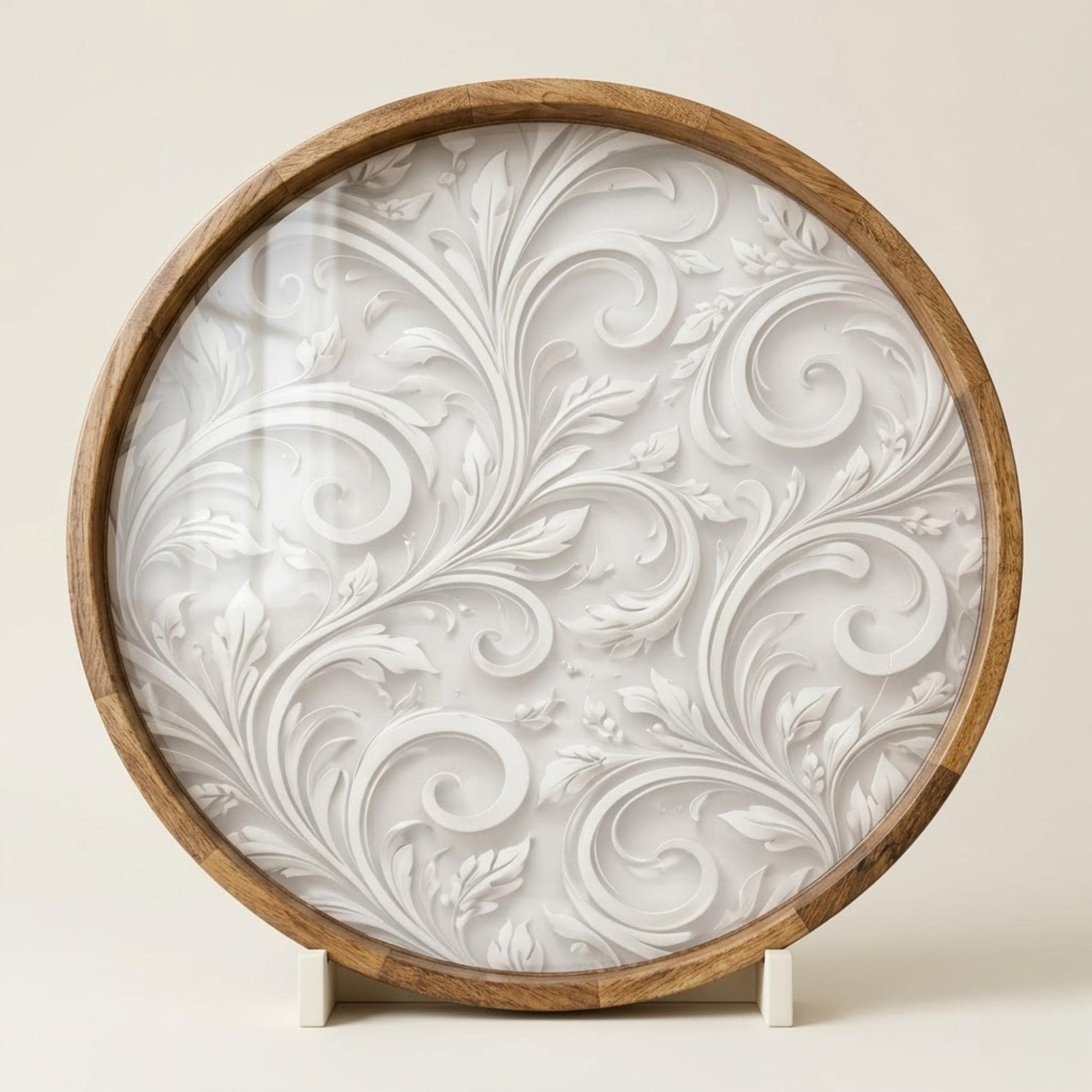 Abstract Beige Mango Wood Serving Tray | Round Ottoman Coffee Table Decor