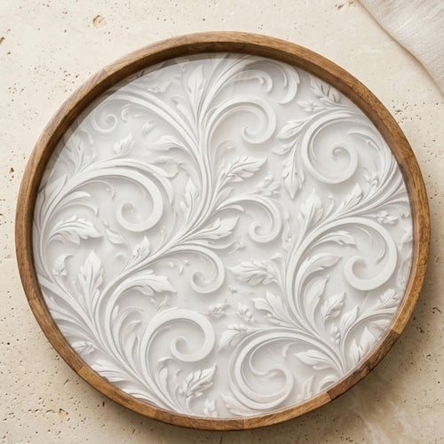 Abstract Beige Mango Wood Serving Tray | Round Ottoman Coffee Table Decor
