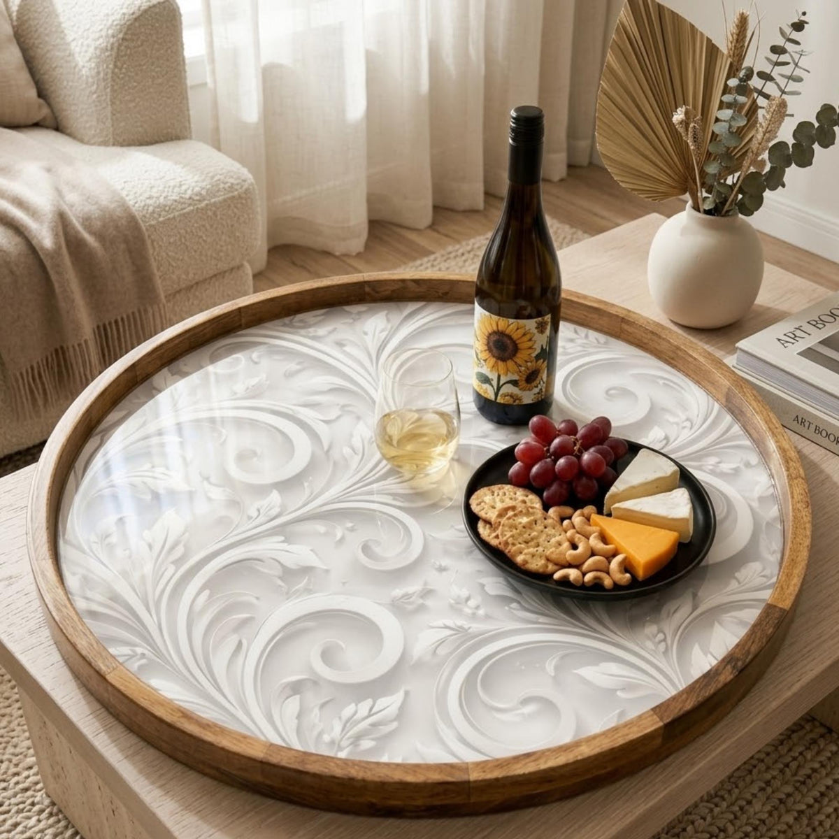 Abstract Beige Mango Wood Serving Tray | Round Ottoman Coffee Table Decor