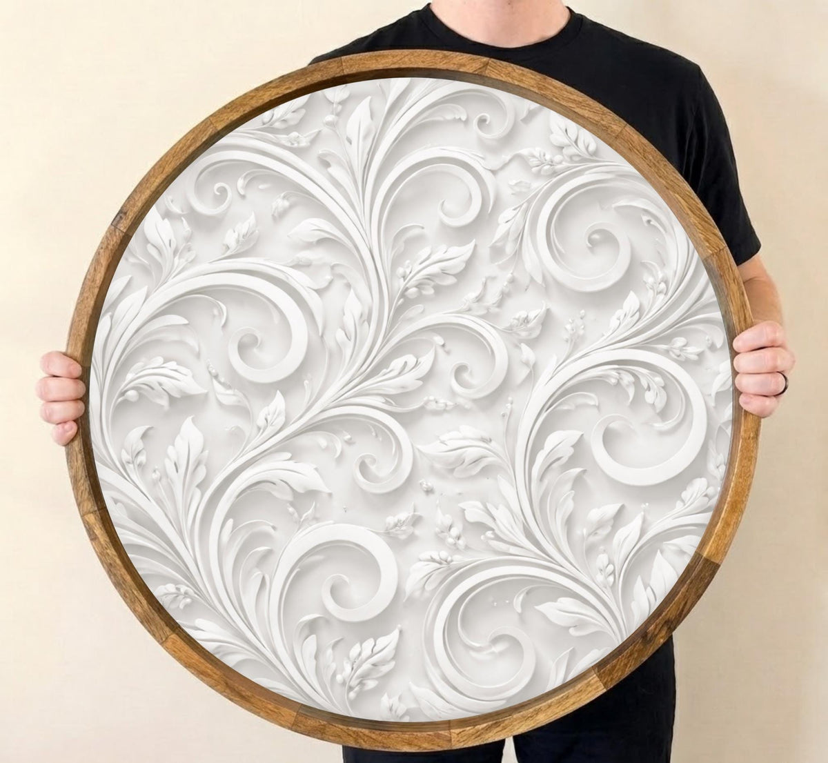 Abstract Beige Mango Wood Serving Tray | Round Ottoman Coffee Table Decor