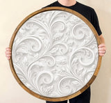 Abstract Beige Mango Wood Serving Tray | Round Ottoman Coffee Table Decor