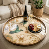 Hummingbird Wooden Tray Printed | Floral Mango Wood Round Tea Serving Decor Gift