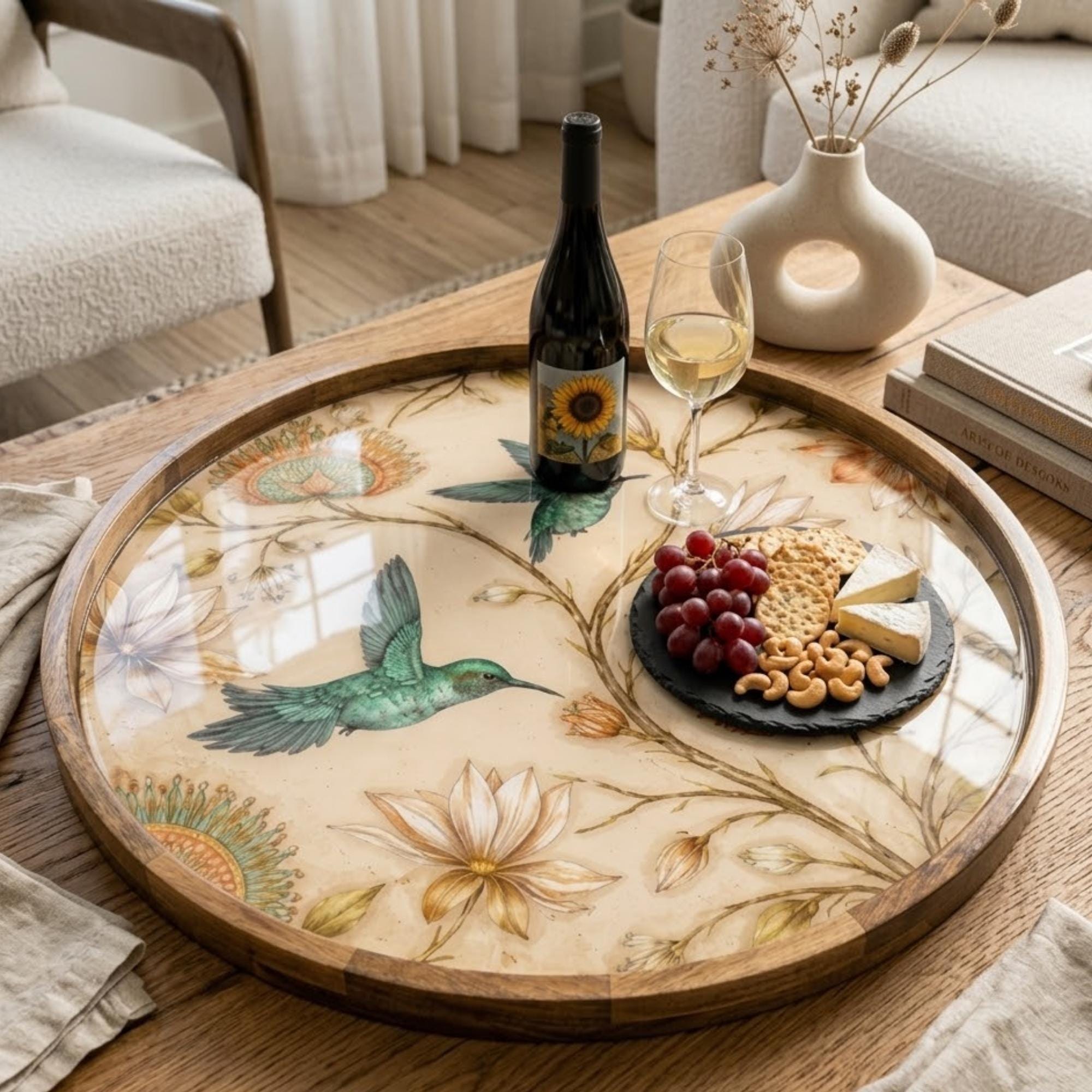 Hummingbird Wooden Tray Printed | Floral Mango Wood Round Tea Serving Decor Gift