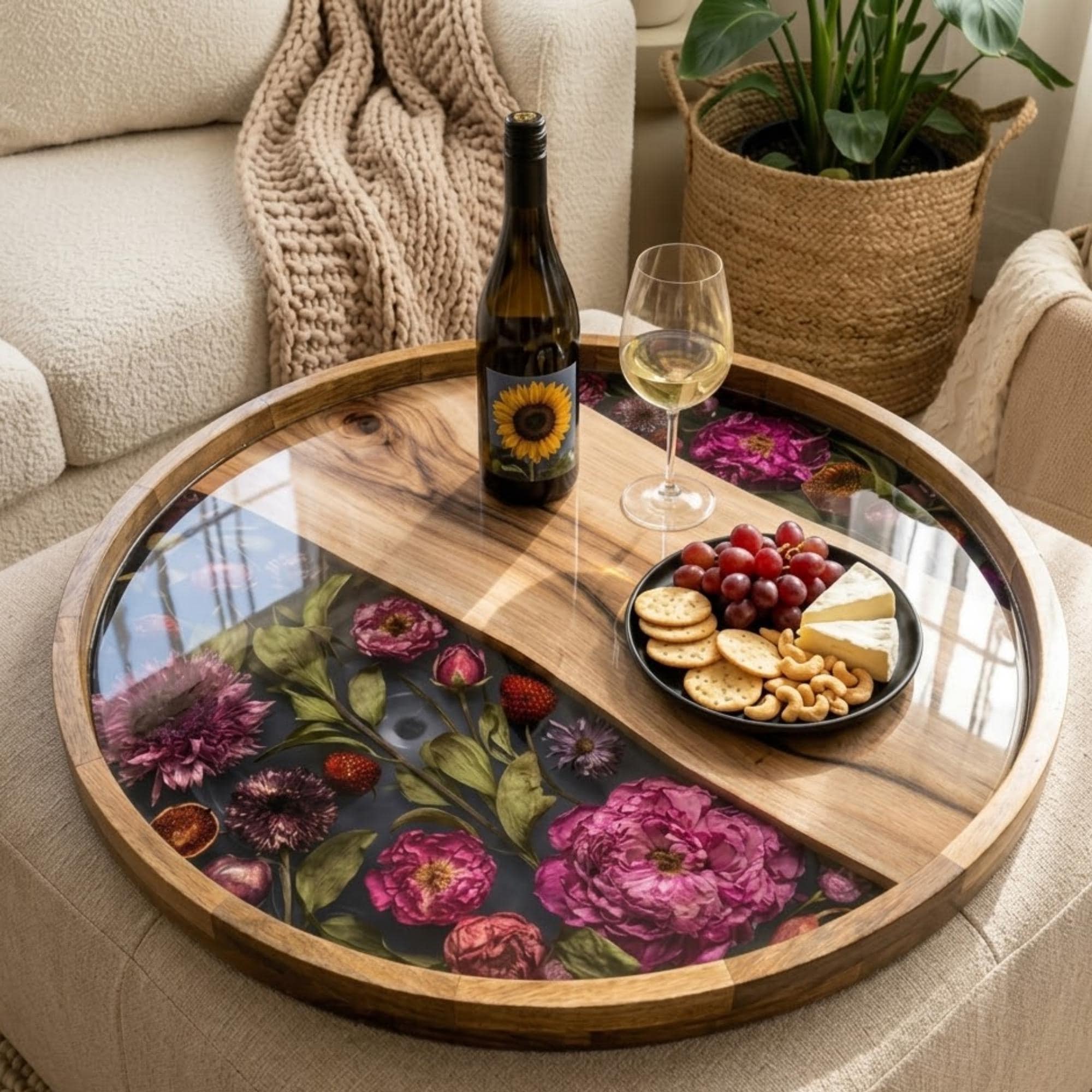 Floral Mango Wood Serving Tray | Round Ottoman Coffee Table Decor