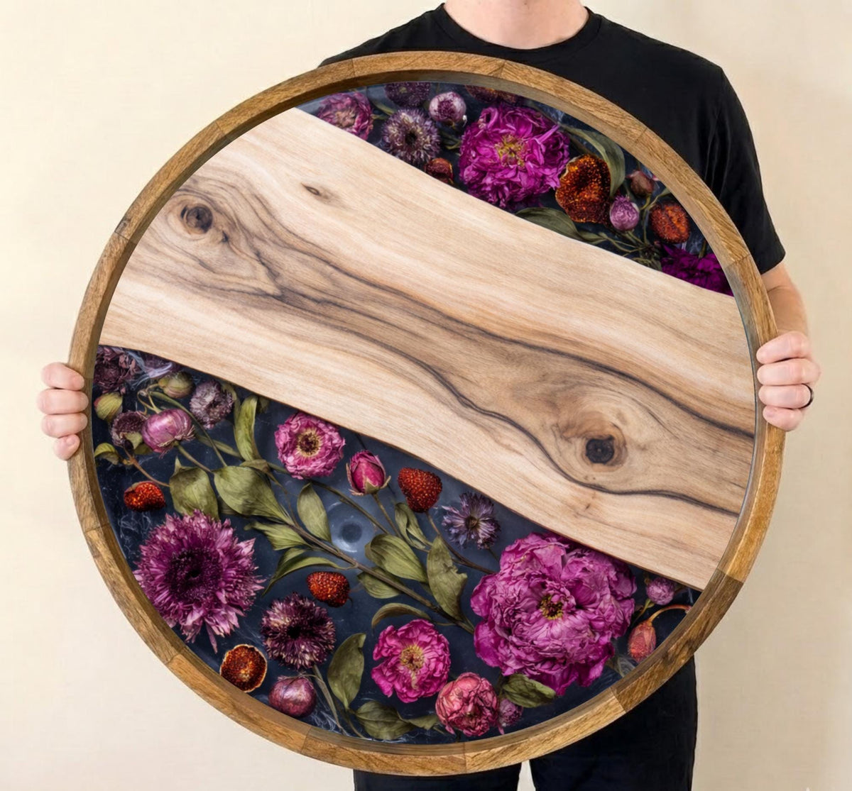 Floral Mango Wood Serving Tray | Round Ottoman Coffee Table Decor