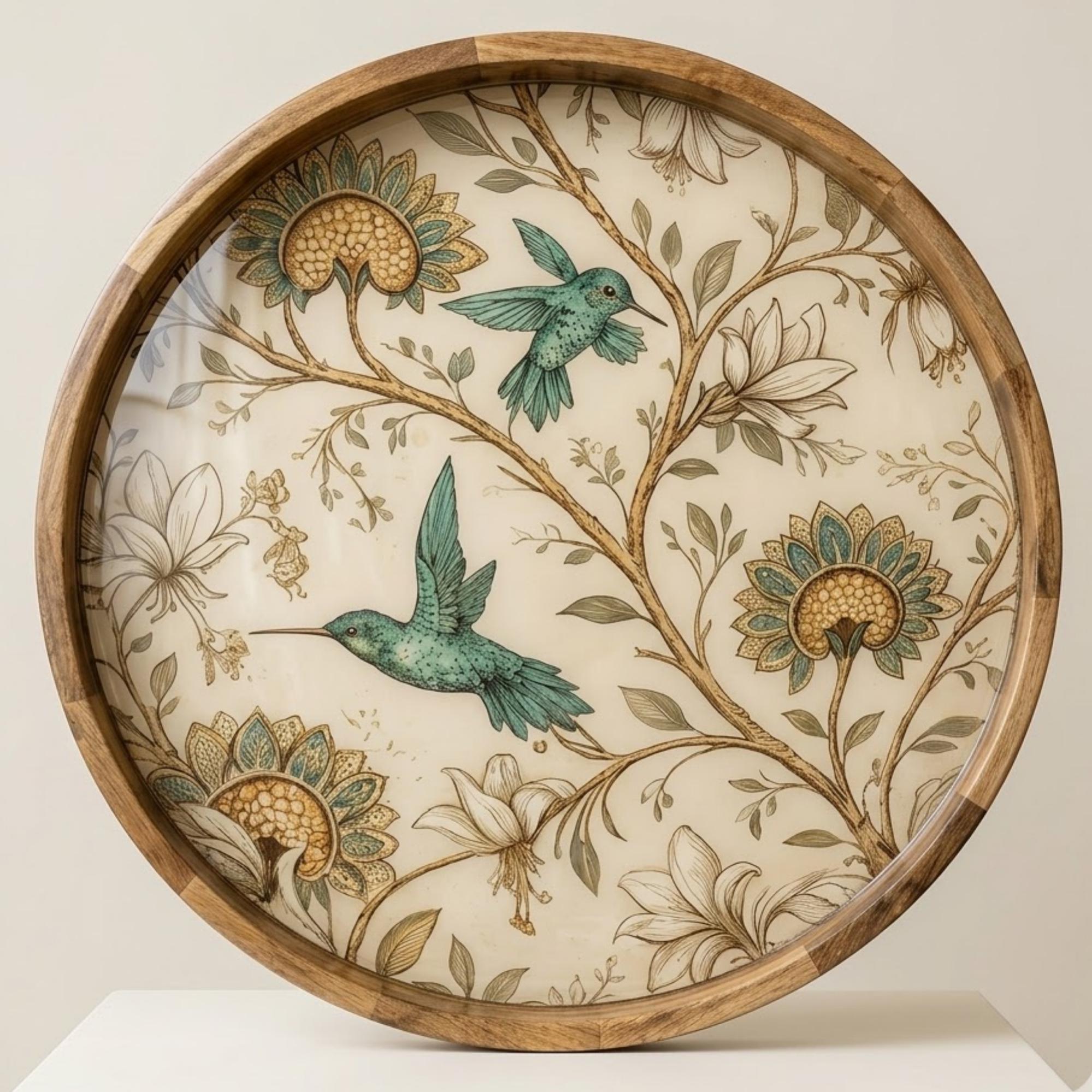 Hummingbird Floral Mango Wood Serving Tray | Botanical Coffee Table Ottoman Decor