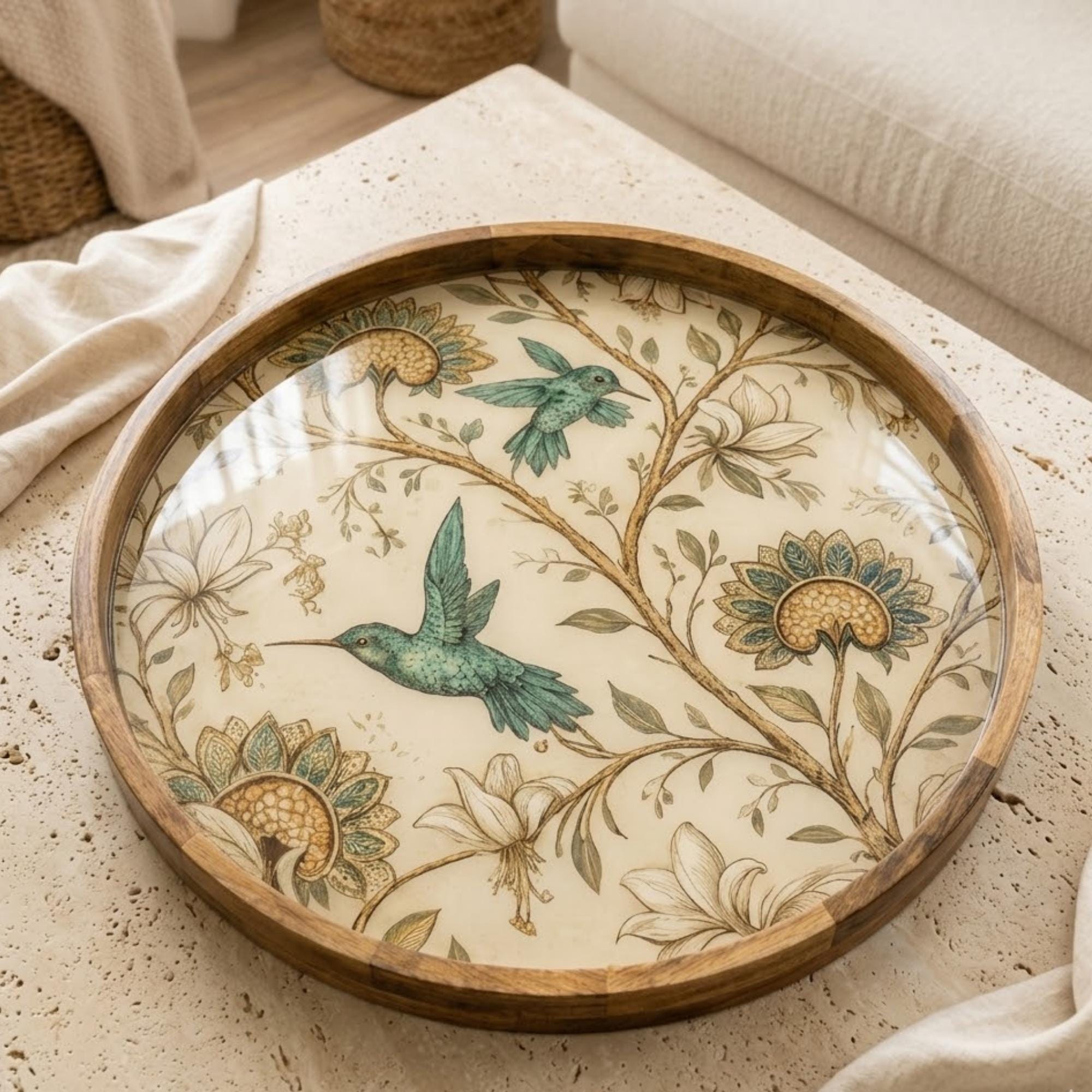Hummingbird Floral Mango Wood Serving Tray | Botanical Coffee Table Ottoman Decor