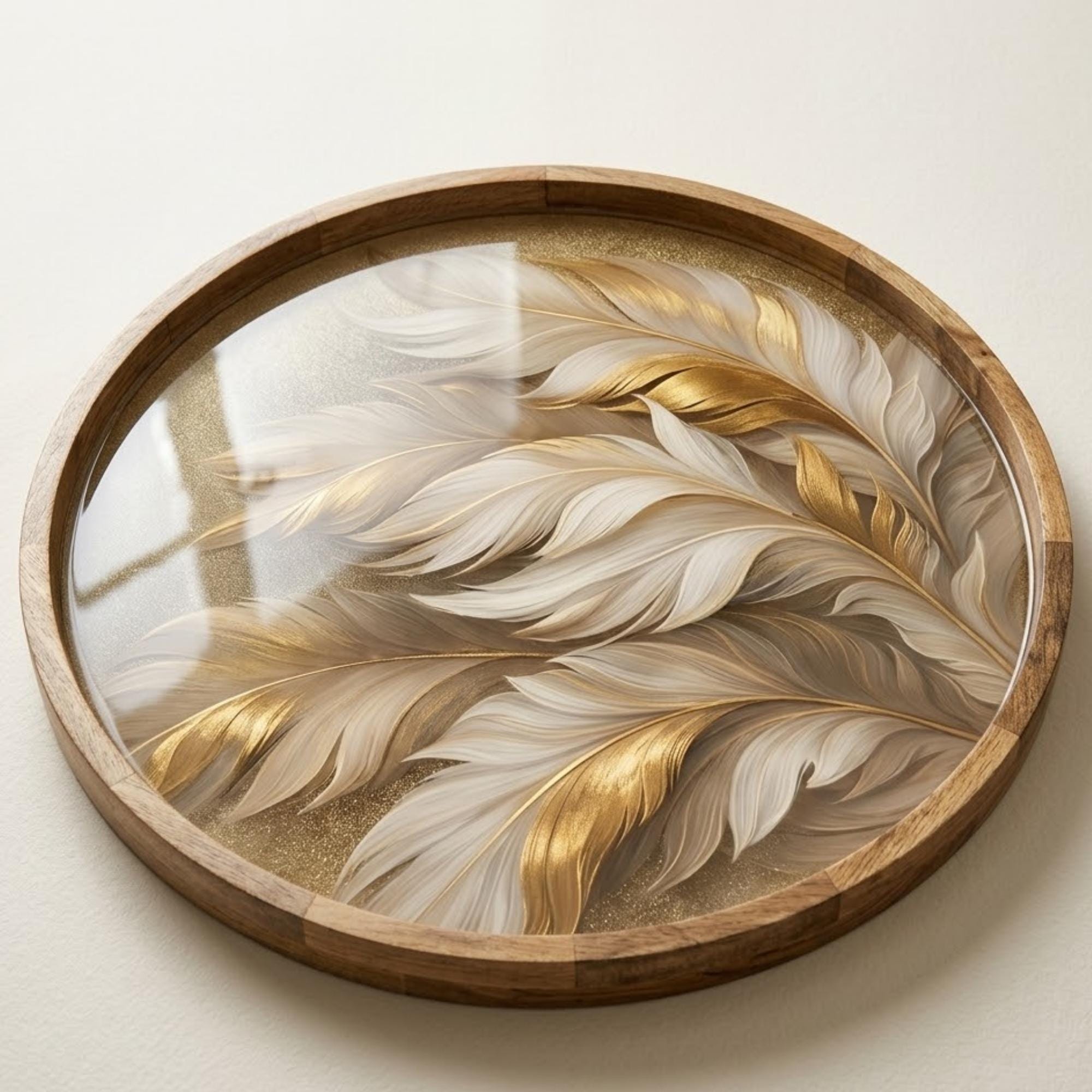 Gold Feather Mango Wood Serving Tray | Boho Ottoman Coffee Table Decor