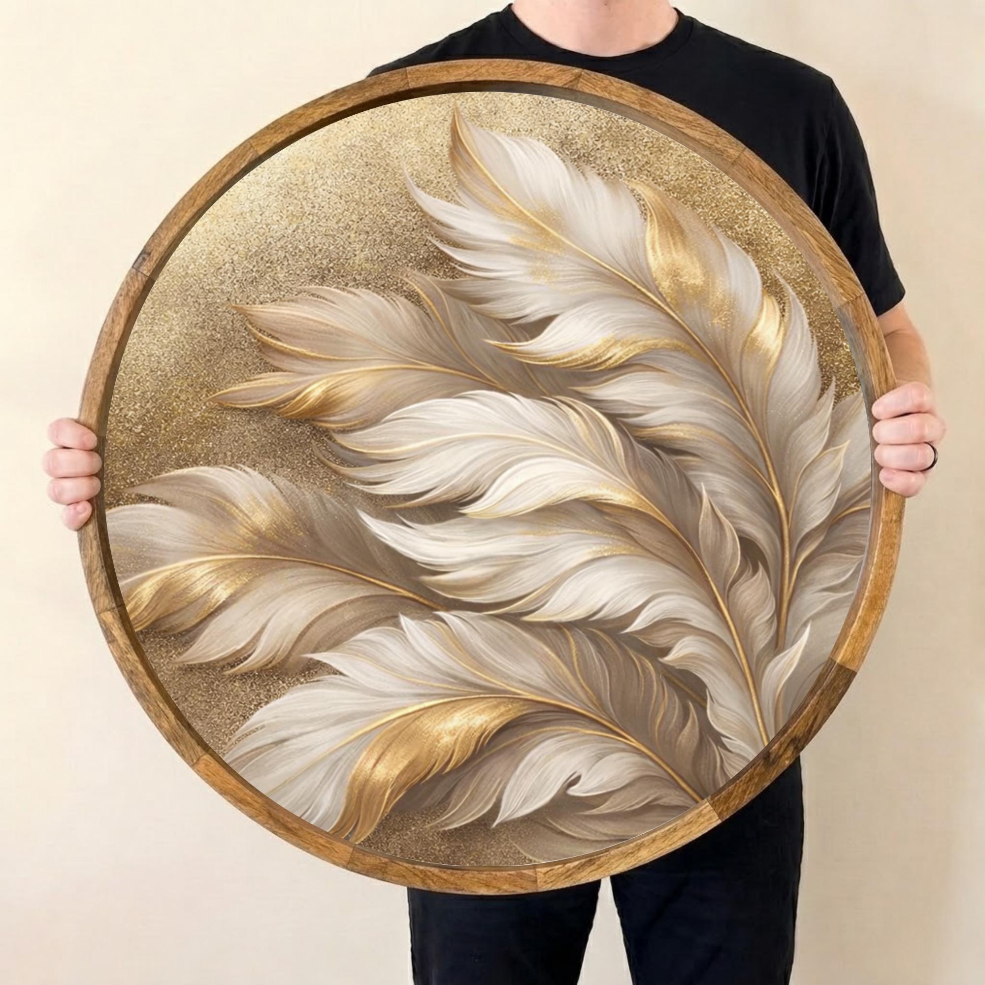 Gold Feather Mango Wood Serving Tray | Boho Ottoman Coffee Table Decor