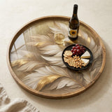 Gold Feather Mango Wood Serving Tray | Boho Ottoman Coffee Table Decor