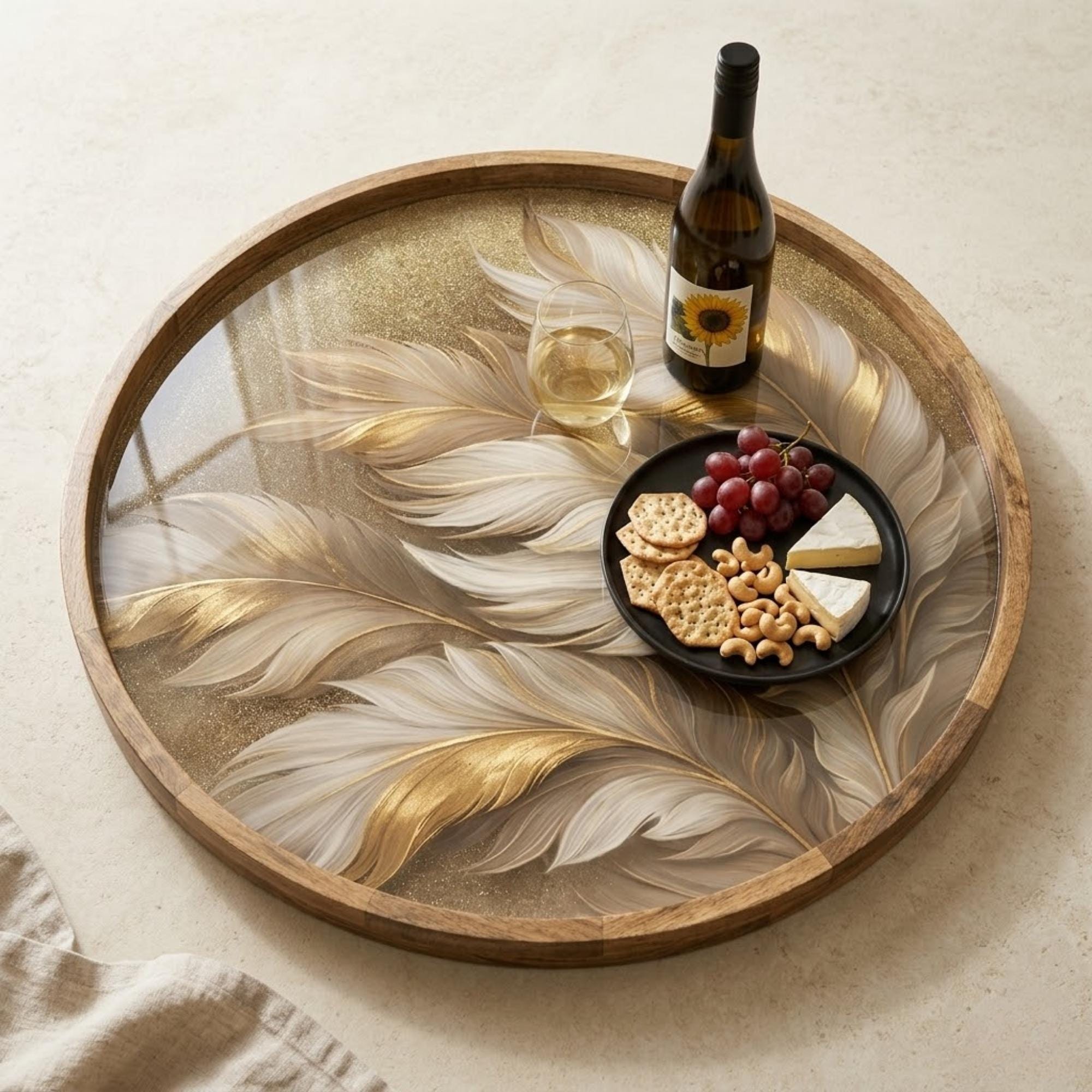 Gold Feather Mango Wood Serving Tray | Boho Ottoman Coffee Table Decor