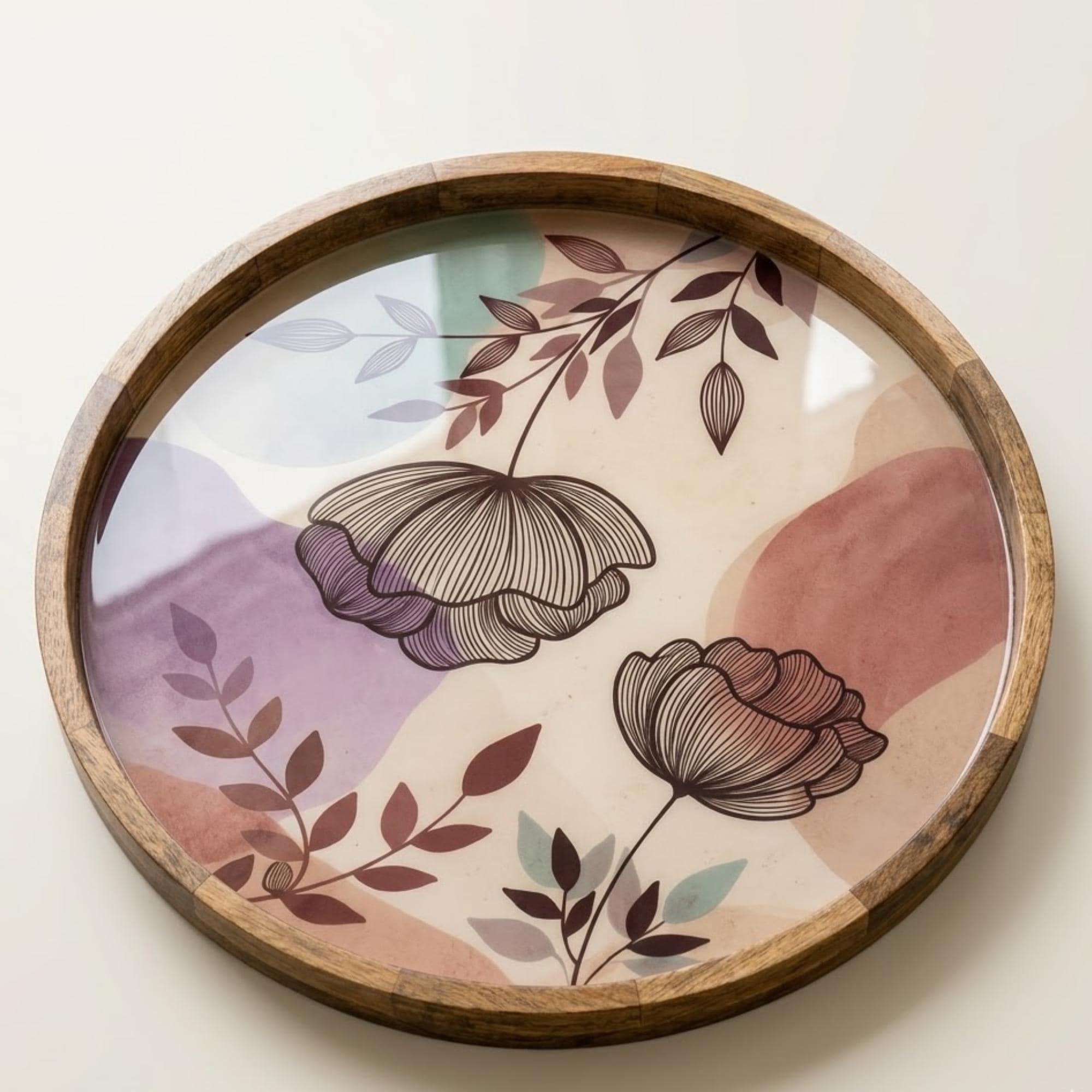 Floral Abstract Mango Wood Serving Tray | Botanical Ottoman Coffee Table Decor