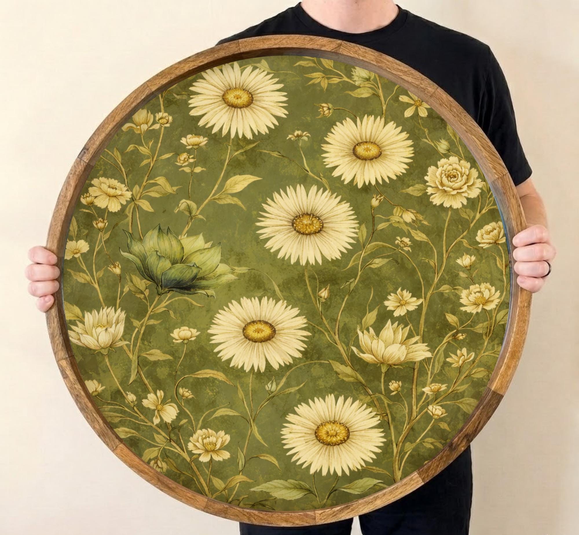 Sunflower Mango Wood Serving Tray | Vintage Floral Ottoman Coffee Table Decor
