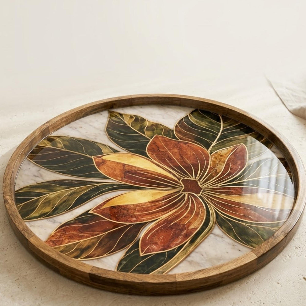 Floral Wooden Tray Printed | Mango Wood Round Serving Tea DecorTGJFYKFUIKUYFGHFH