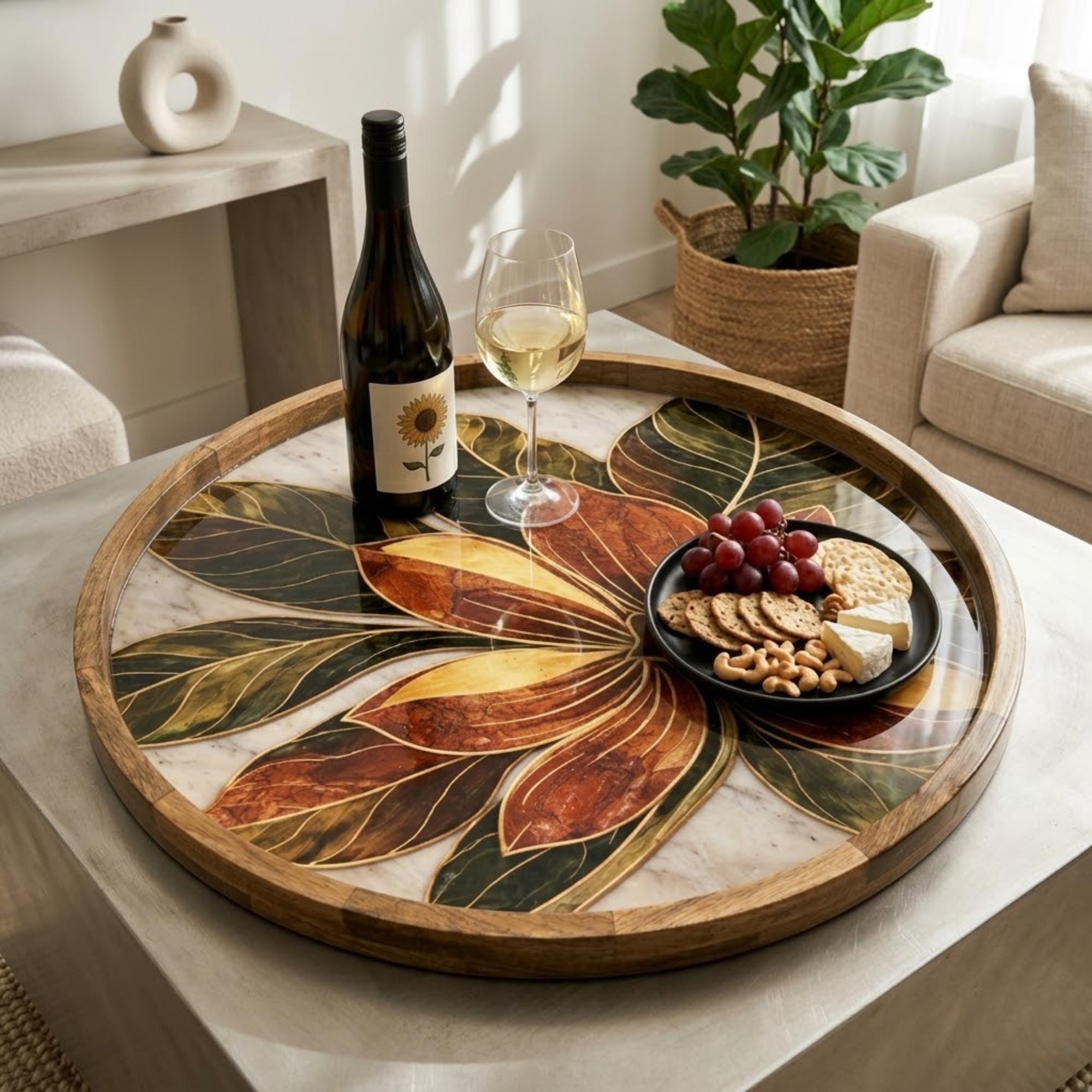 Floral Wooden Tray Printed | Mango Wood Round Serving Tea DecorTGJFYKFUIKUYFGHFH