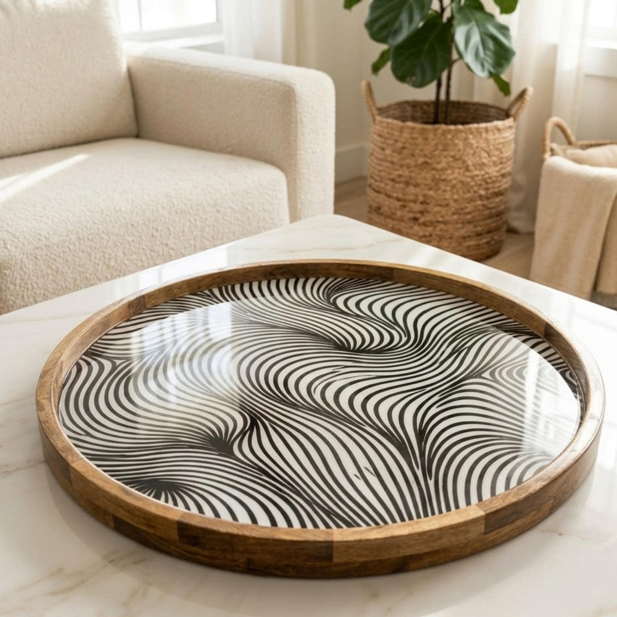 Handmade Mango Wood Serving Tray | Abstract Wave Print, Coffee Table Decor