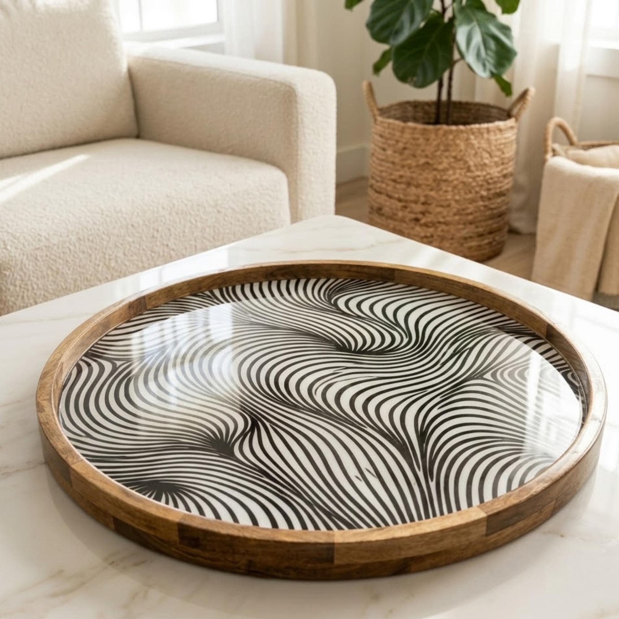Handmade Mango Wood Serving Tray | Abstract Wave Print, Coffee Table Decor