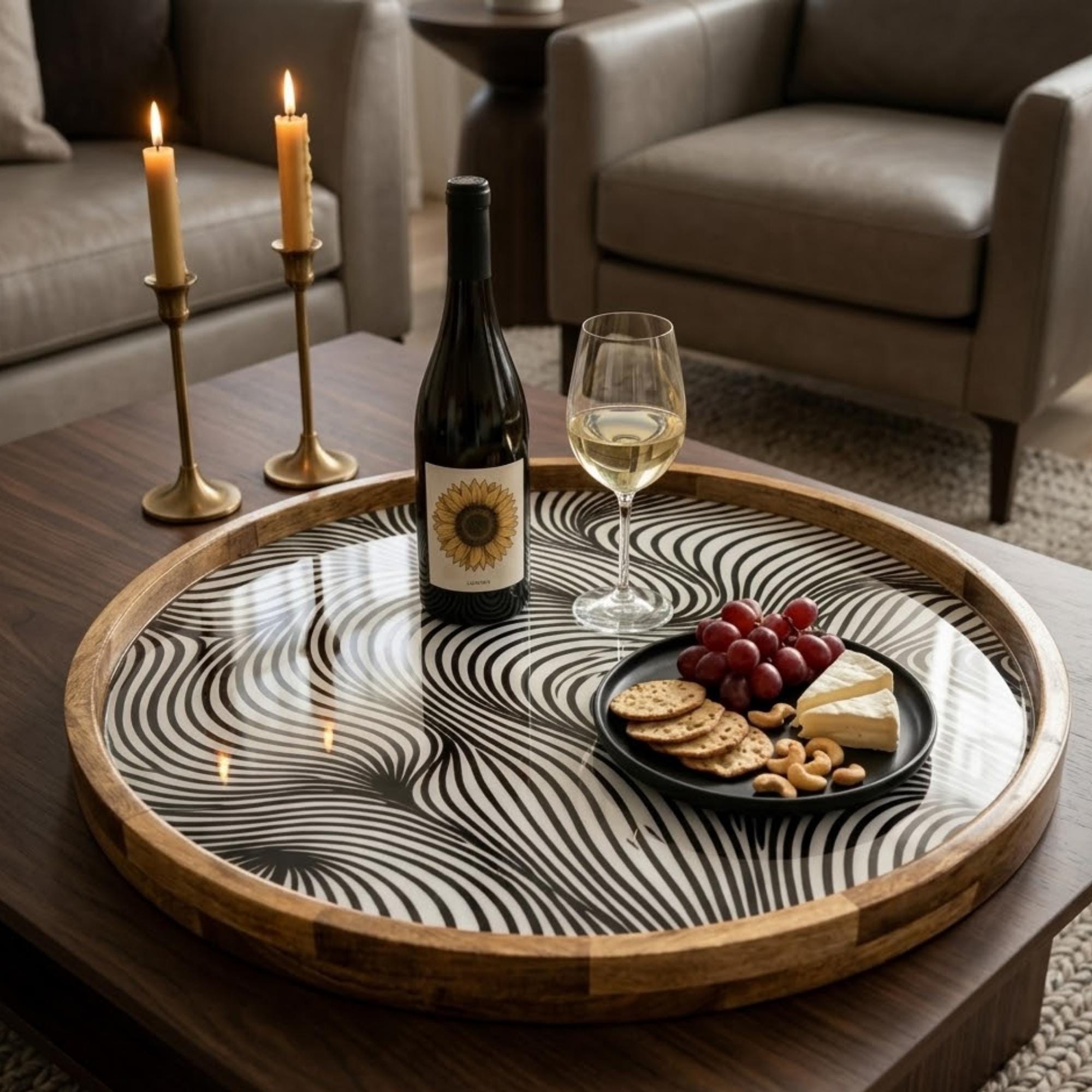 Handmade Mango Wood Serving Tray | Abstract Wave Print, Coffee Table Decor